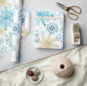 Aquarellblau und Gold Glitzer Winterschneeflocken Geschenkpapier