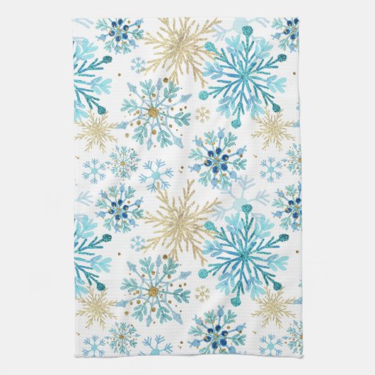 Aquarellblau und Gold Glitzer Winterschneeflocken Geschirrtuch (Vertikal)