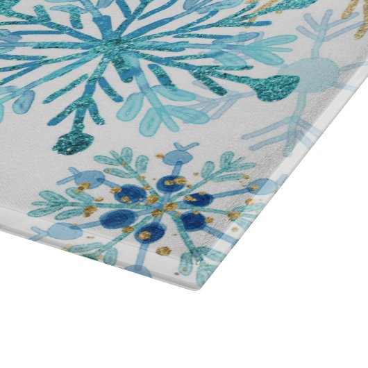 Aquarellblau und Gold Glitzer Winterschneeflocken Schneidebrett (Ecke)