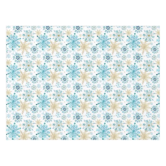 Aquarellblau und Gold Glitzer Winterschneeflocken Tischdecke (Vorderseite (Horizontal))