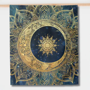 Aquarellblau und Gold Mandala Sonnennebel Galaxie Wandteppich