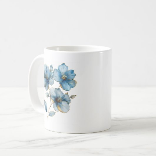 Aquarellblau und goldfarbene Blume Kaffeetasse (Vorderseite Links)