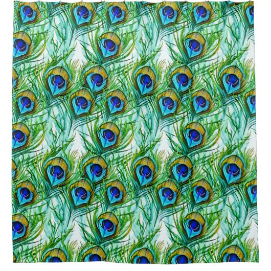 Aquarellblau und grüne Pfauenfeathers Collage Duschvorhang (Vorderseite)