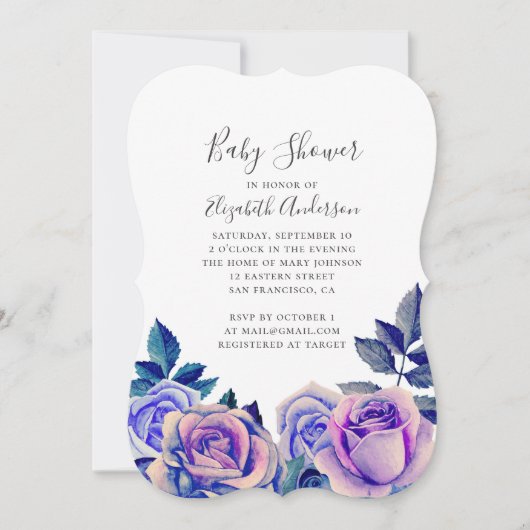 Aquarellblau und lila Rose Babydusche Einladung (Vorderseite)
