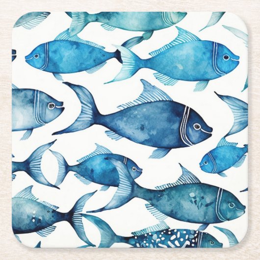 Aquarellblau und Navy Fisch | Drink am Meer Rechteckiger Pappuntersetzer (Vorderseite)