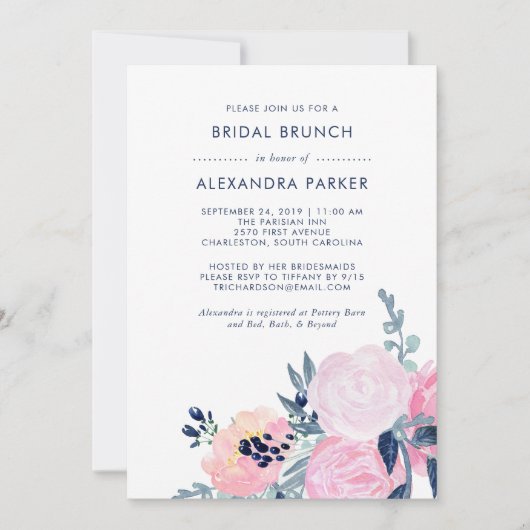 Aquarellblau und Navy-Floral-Bridal Brunch Einladung (Vorderseite)