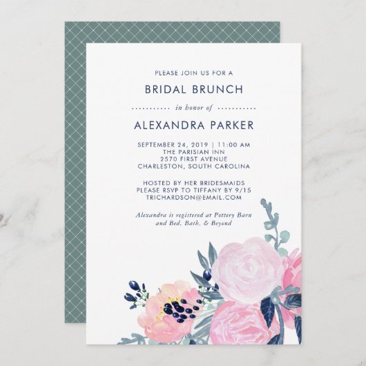 Aquarellblau und Navy-Floral-Bridal Brunch Einladung (Vorne/Hinten)