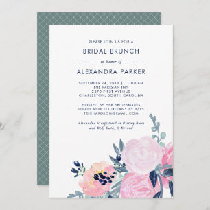 Aquarellblau und Navy-Floral-Bridal Brunch Einladung
