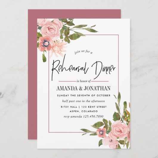 Aquarellblau und Rose Goldene Probe Abendessen Einladung (Vorne/Hinten)