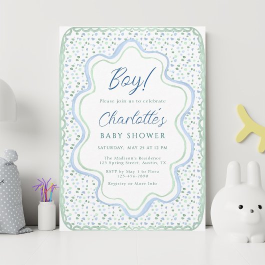 Aquarellblau und Sage Green Baby Dusche Einladung