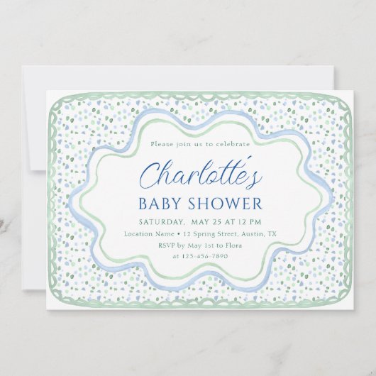 Aquarellblau und Sage Green Boy Baby Dusche Einladung (Vorderseite)