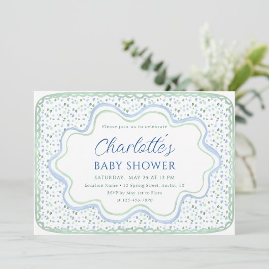 Aquarellblau und Sage Green Boy Baby Dusche Einladung (Stehend Vorderseite)