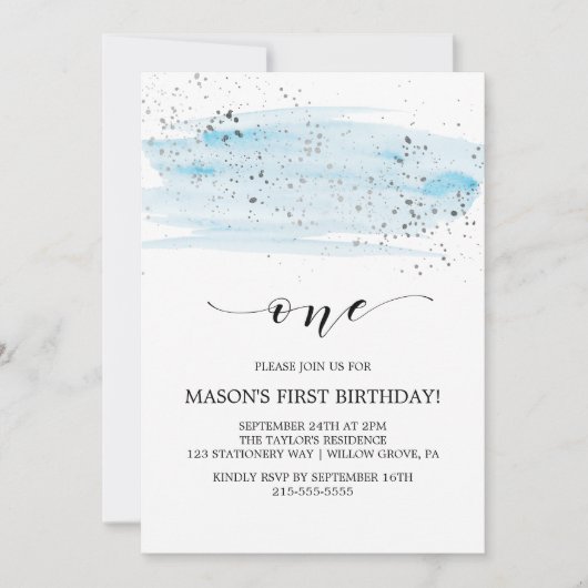 Aquarellblau und Silberpfeiler Sparkasse Erster Ge Einladung (Vorderseite)