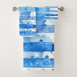 Aquarellblau und weiß gestreiftes Stranddekor Badhandtuch Set