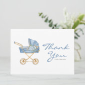 Aquarellblau Vintag Stroller Babydusche Dankeskarte (Stehend Vorderseite)