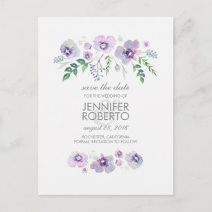 Aquarellblau-violette Blumen Save the Date Niedlic Ankündigungspostkarte