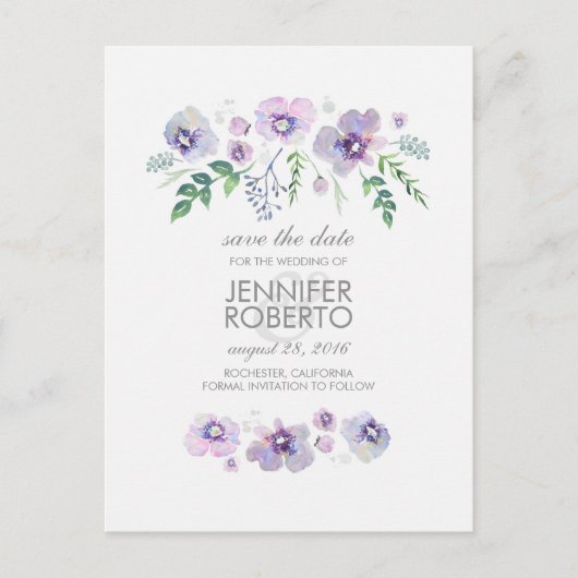 Aquarellblau-violette Blumen Save the Date Niedlic Ankündigungspostkarte (Vorderseite)