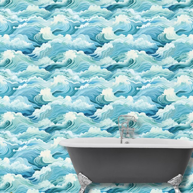 Aquarellblau Weißes abstraktes Meer Wellen Küste Tapete (Von Creator hochgeladen)