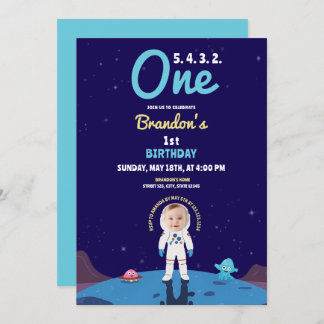 Aquarellblau Weltraumkreaturen Foto 1. Geburtstag Einladung