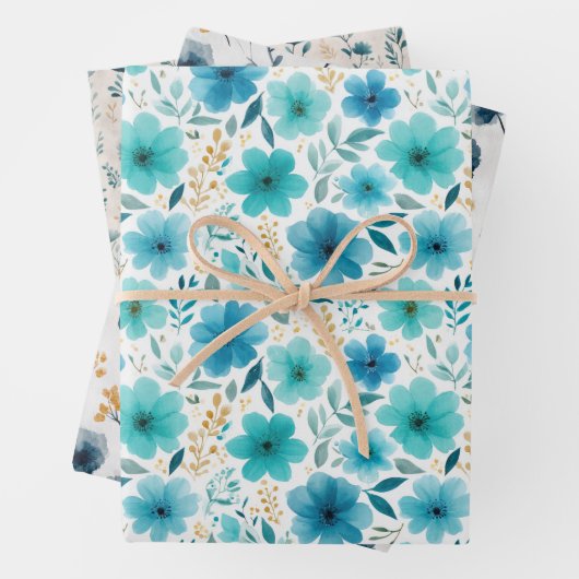 Aquarellblau-Wildblumen Ästhetik Geschenkpapier Set (Beispiel)