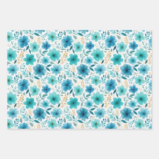 Aquarellblau-Wildblumen Ästhetik Geschenkpapier Set (Vorderseite)