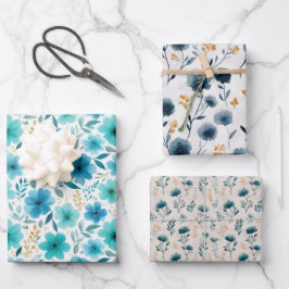Aquarellblau-Wildblumen Ästhetik Geschenkpapier Set
