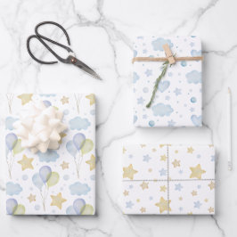 Aquarellblau Wolken Sterne und Balloons Geschenkpapier Set
