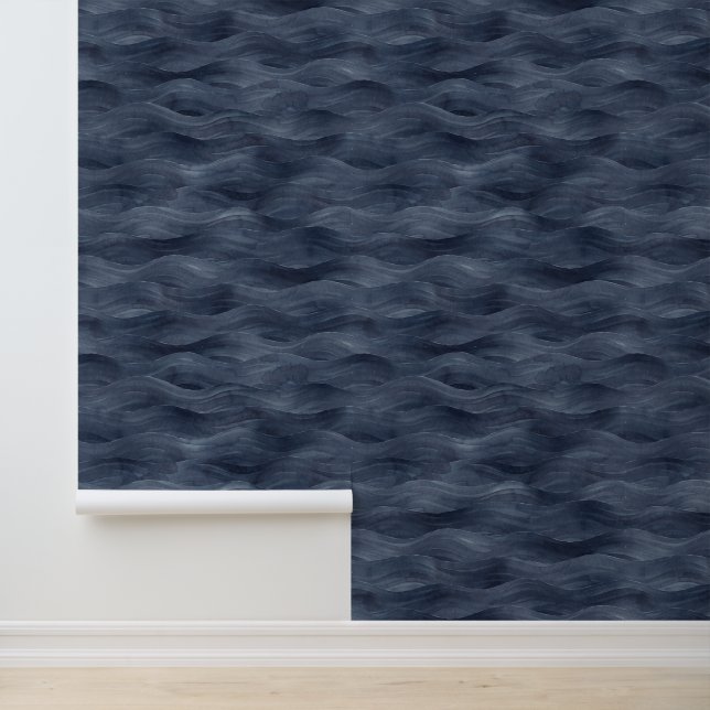 Aquarellblau Zodiac Dark Sea Waves Beach House Tapete (Anwendung)