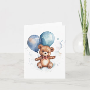 Aquarellblaue Ballons Brauner Teddybär Karte