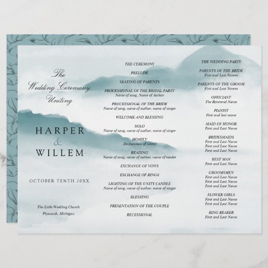 Aquarellblaue Berge dreifaches Hochzeitsprogramm (Vorne/Hinten)