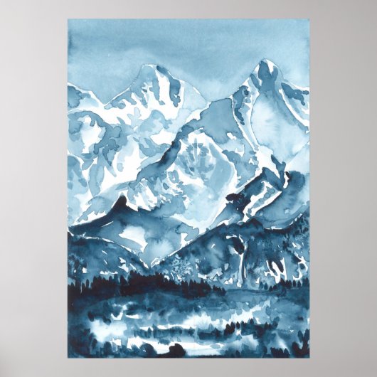 Aquarellblaue Berge, Landschaft Poster (Vorne)