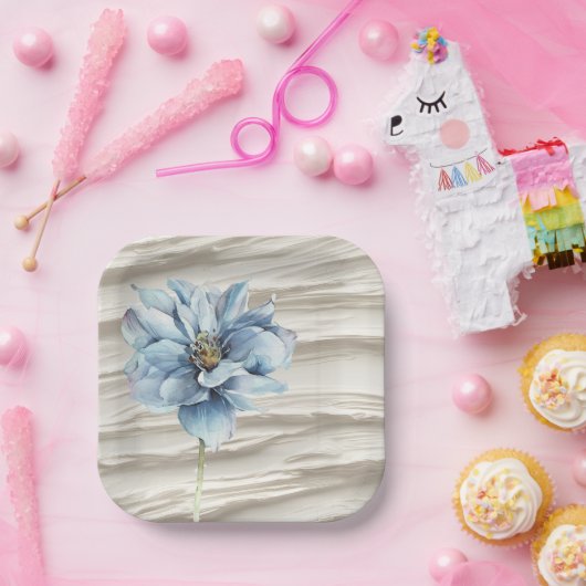 Aquarellblaue Blume auf Elfenbeinküste Abstrakt Pappteller (Party)