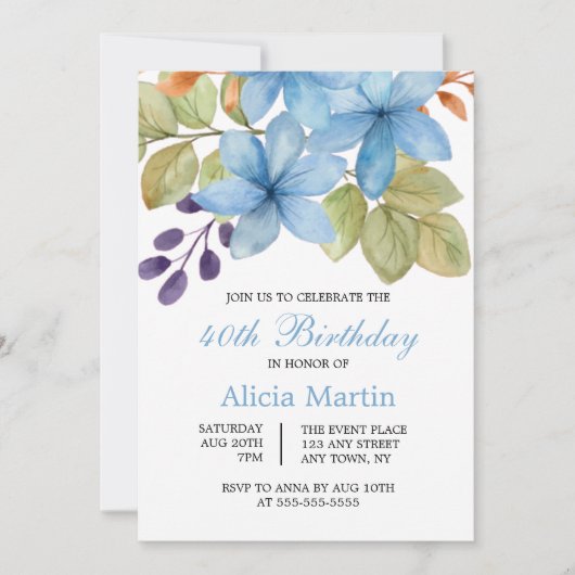 Aquarellblaue Blume Botanisch jedes Alter Geburtst Einladung (Vorderseite)