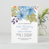 Aquarellblaue Blume Botanisch jedes Alter Geburtst Einladung (Stehend Vorderseite)