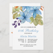 Aquarellblaue Blume Botanisch jedes Alter Geburtst Einladung (Vorne/Hinten)