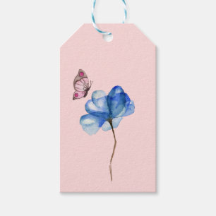 Aquarellblaue Blume mit rosa und braunem Schmetter Geschenkanhänger