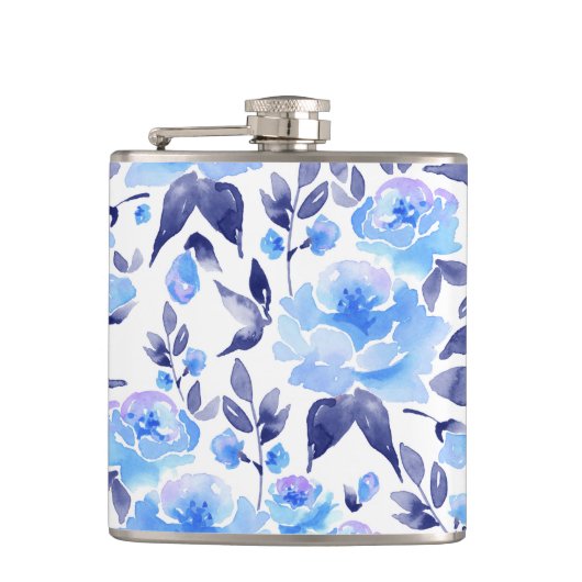 Aquarellblaue Blumen 2 Flachmann (Vorderseite)