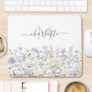Aquarellblaue Blumen Blumige Elegante Monogramm Mousepad
