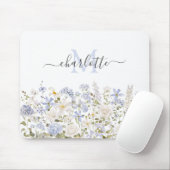 Aquarellblaue Blumen Blumige Elegante Monogramm Mousepad (Mit Mouse)
