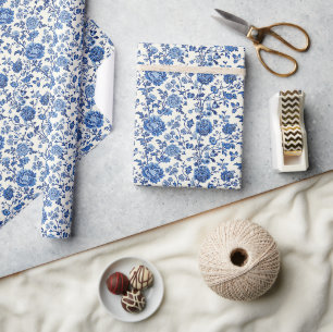 Aquarellblaue Blumen Chinoiserie Frühlingsgarten Geschenkpapier