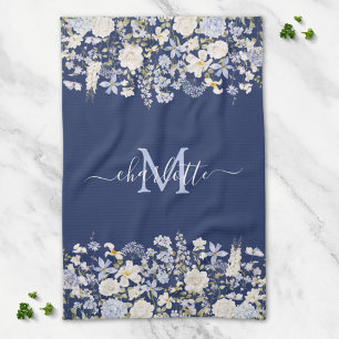 Aquarellblaue Blumen Elegantes florales Monogramm Geschirrtuch