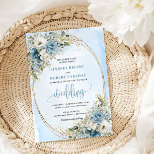 Aquarellblaue Blumen Eukalyptus Gold Hochzeit  Einladung