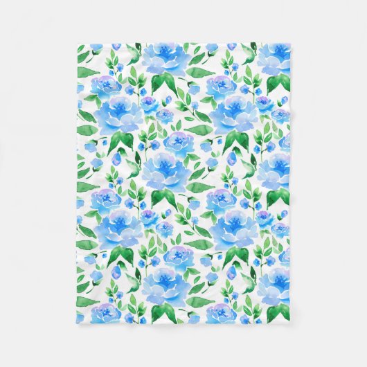 Aquarellblaue Blumen Fleecedecke (Vorderseite)