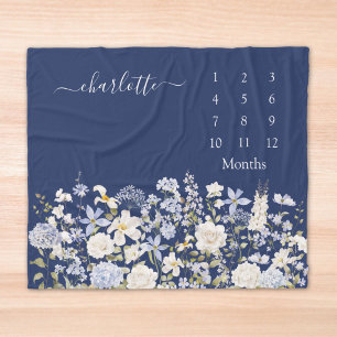 Aquarellblaue Blumen Florale Baby-Meilenstein Fleecedecke