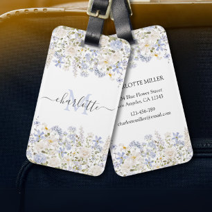 Aquarellblaue Blumen Florales Elegantes Monogramm Gepäckanhänger