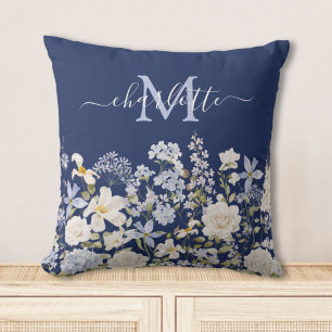 Aquarellblaue Blumen Florales Elegantes Monogramm Kissen