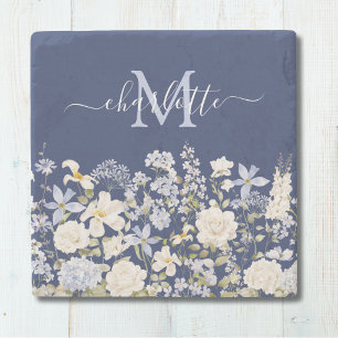 Aquarellblaue Blumen Florales Elegantes Monogramm Steinuntersetzer