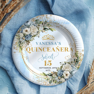 Aquarellblaue Blumen Gold Personalisierte Quince Pappteller