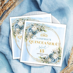 Aquarellblaue Blumen Gold Quinceañera Servietten