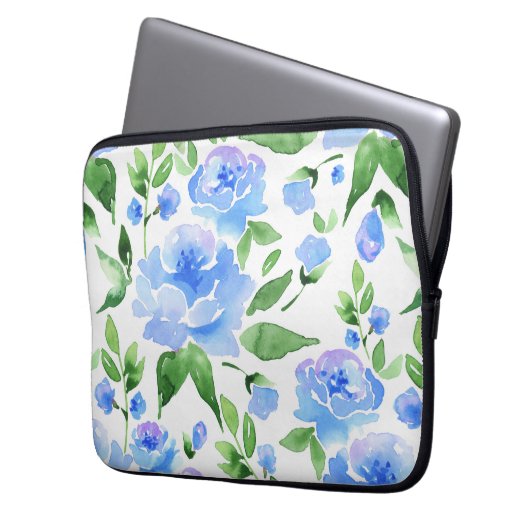 Aquarellblaue Blumen Laptopschutzhülle (Vorderseite Links)